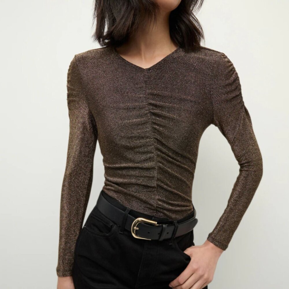Veronica Beard 'Neeta' Ruched Long-Sleeve Metallic Top, Antique Gold Lurex